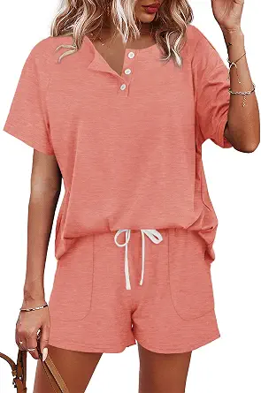 WIHOLL Two Piece Women's Lounge Set with Button-Down Top and Shorts