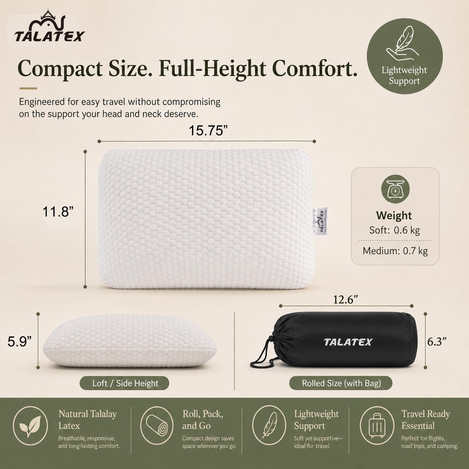 Talatex Oreiller de camping en latex naturel pour adultes, petit oreiller de voyage compact et pliable, pas de gonflage nécessaire, confort hôtelier pour tente ou camping-car, avec housse lavable