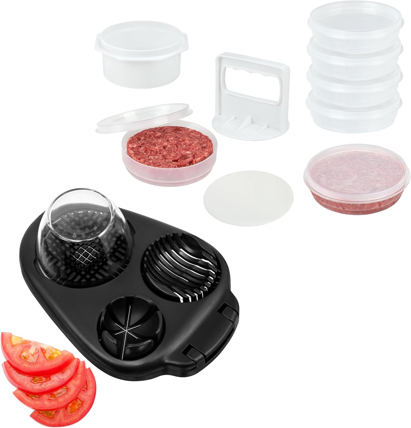 CraftyCrocodile Hamburger Press Patty Maker - 6 Storage Containers and Egg Slicer for Hard Boiled Eggs - 3 Slice Modes, Black