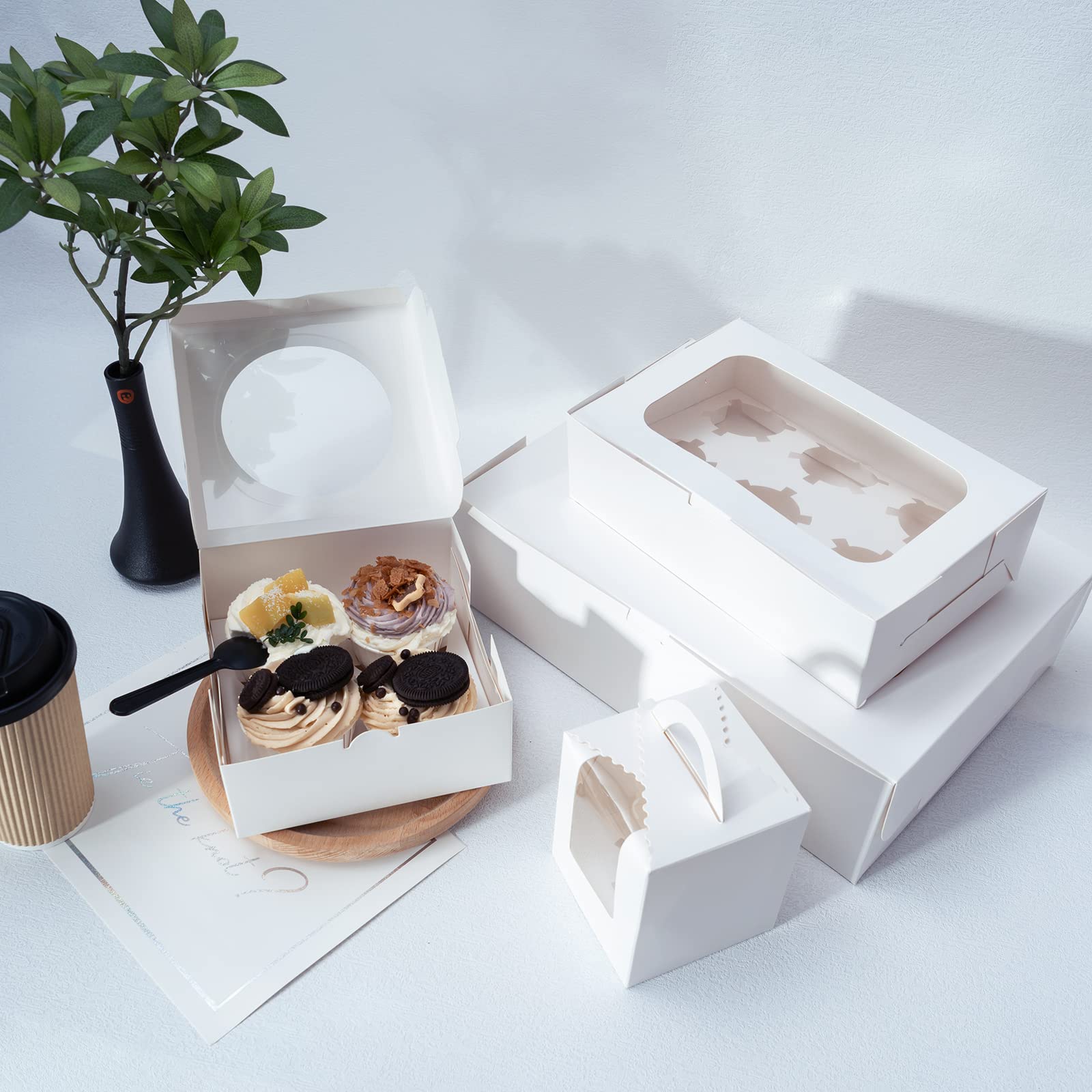 Yeplan 50 cajas para cupcakes de 9.4 x 6.1 x 3.14 pulgadas, 6 unidades, cajas blancas para cupcakes con ventana transparente y seis soportes para golosinas, caja de pastelería y galletas, caja de