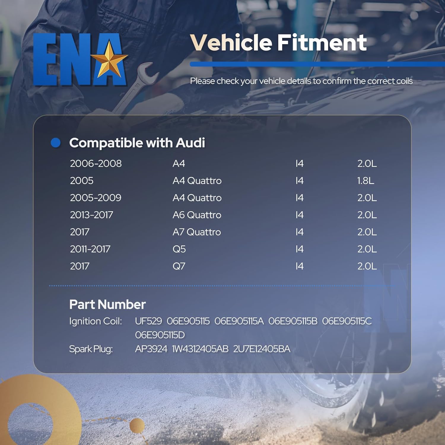 ENA Ignition Coil Pack and Platinum Spark Plugs Compatible with Audi A4 A6 A7 Quattro Q5 Q7 1.8L 2.0L L4 2005 2006 2007 2008 2009 2011 2012 2013 2014 2015 2016 2017 Replacement for UF529 Set of 4