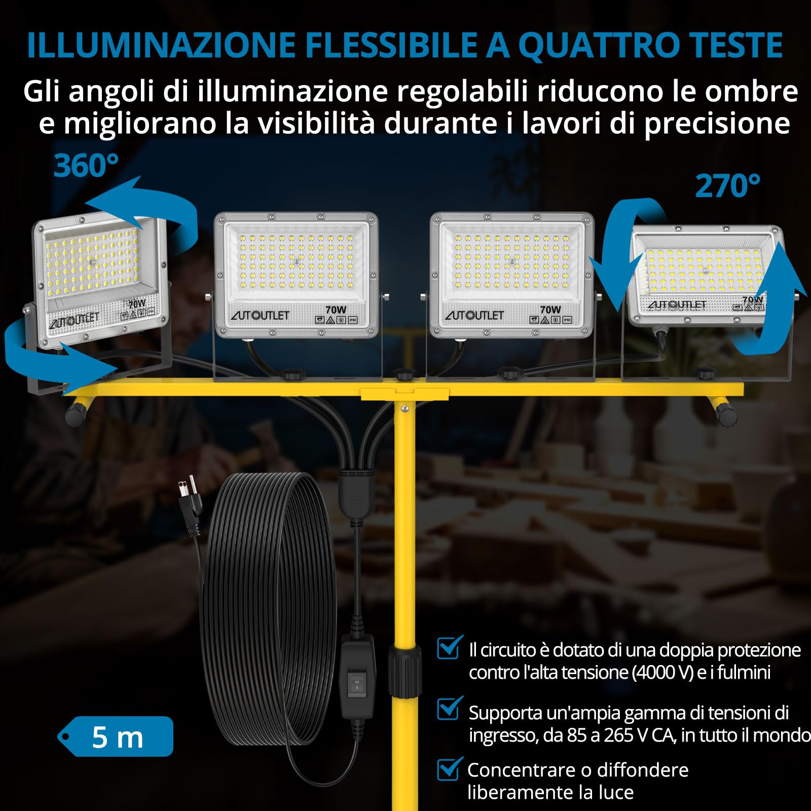AUTOUTLET Faretto da Cantiere con Treppiede Allungabile e Ruote,4×70W 24123LM Faro Led da Esterno con Interruttore e Cavo di Alimentazione da 5 M,IP66 Impermeabile,per Garage Officina Campeggio