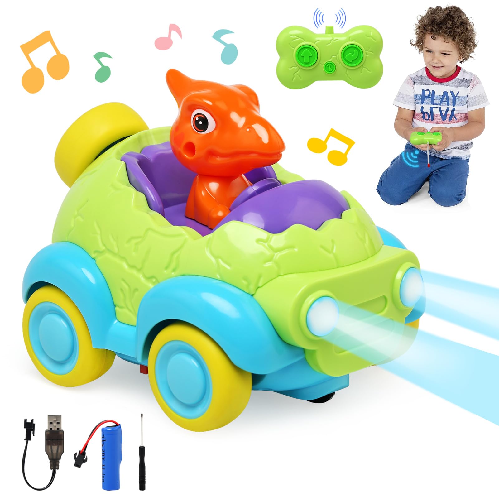 Coche Teledirigido, Juguete Dinosaurio Niño Niña 3 4 5 6 7 8 Años, Coche de Control Remoto con Música y Luces Juegos Exterior Juguete Regalo Cumpleaños para Niños Infantil 3-10 Años