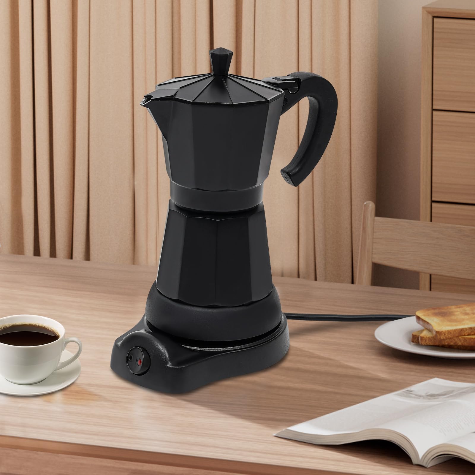 Cafetera eléctrica de 300 ml, cafetera espresso de 6 tazas con válvula de seguridad, cafetera, jarra para el hogar, oficina, camping, color negro