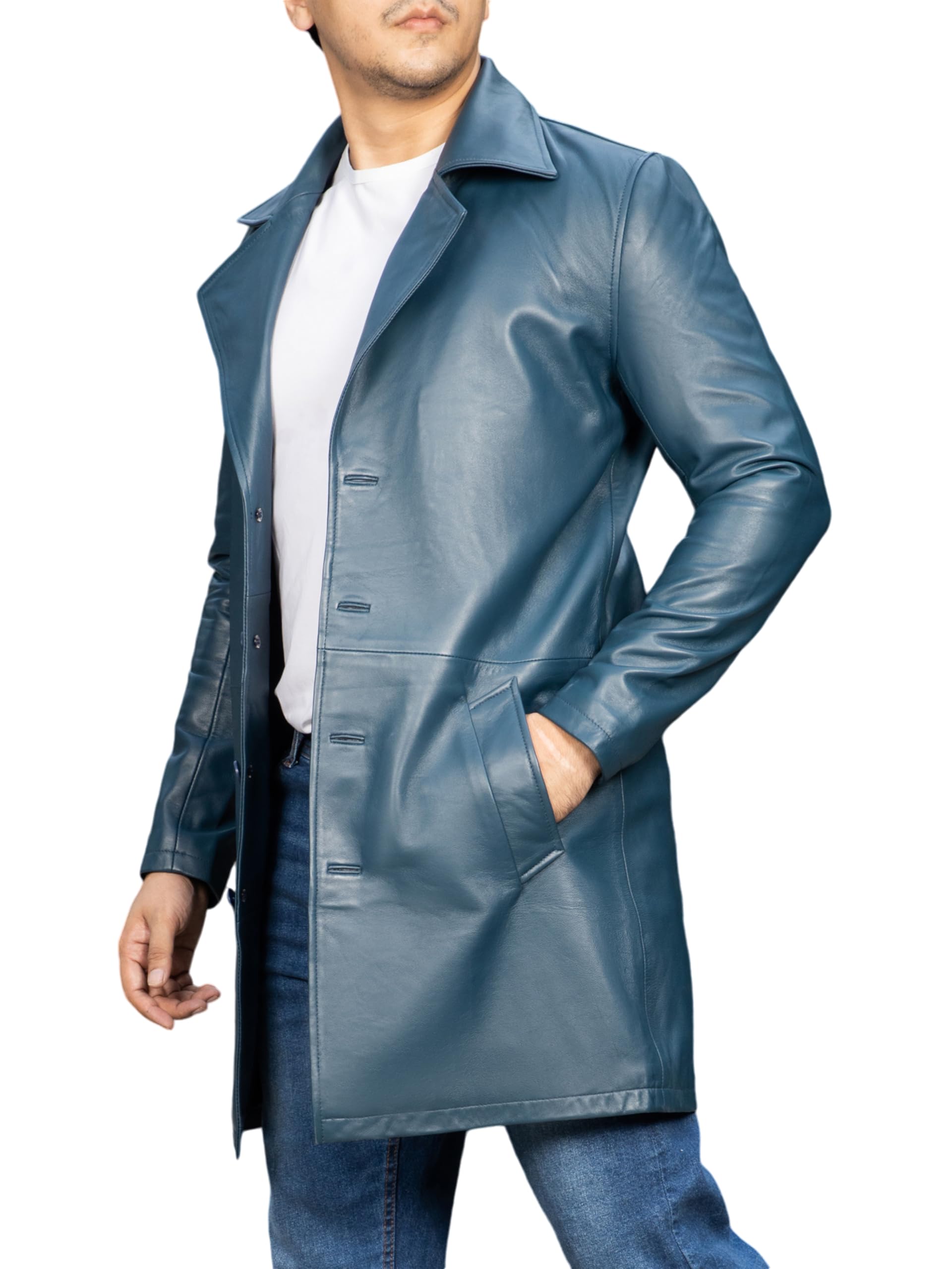 Jild Leather Trench Coat Men - 3/4 Length Casual Car Coat Style Lambskin Long Leather Jacket Men