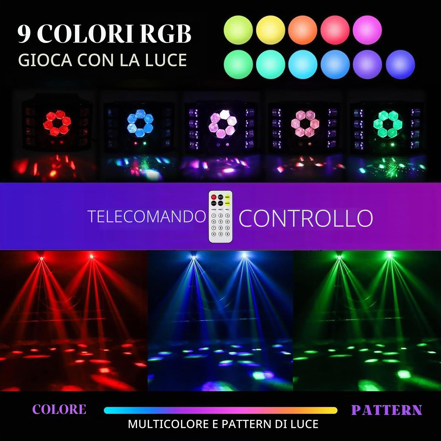 Luce discoteca, 100 W, luce da discoteca, luce da festa, occhio d'api, flash UV, 14 canali, D-MX con controllo vocale, telecomando, adatta per matrimoni, feste di compleanno, Halloween, bar evento
