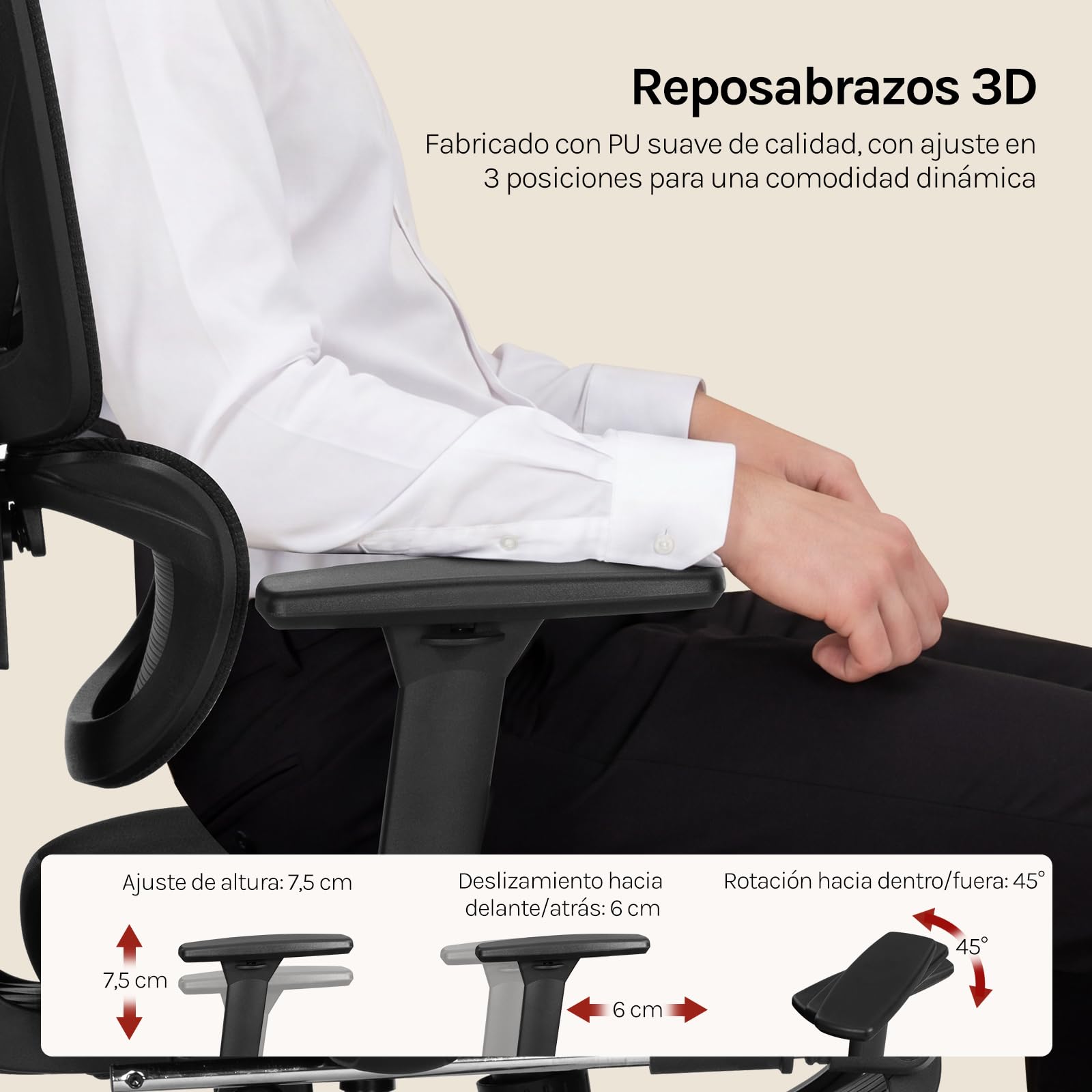 WOLTU Silla de Oficina Ergonómica con Soporte Lumbar y Reposapiés, Negro | Asiento Mullido, Respaldo de Malla Elástica, Reposabrazos Ajustables 3D, Para Estudio u Oficina, Soporte Lumbar y Reposapiés