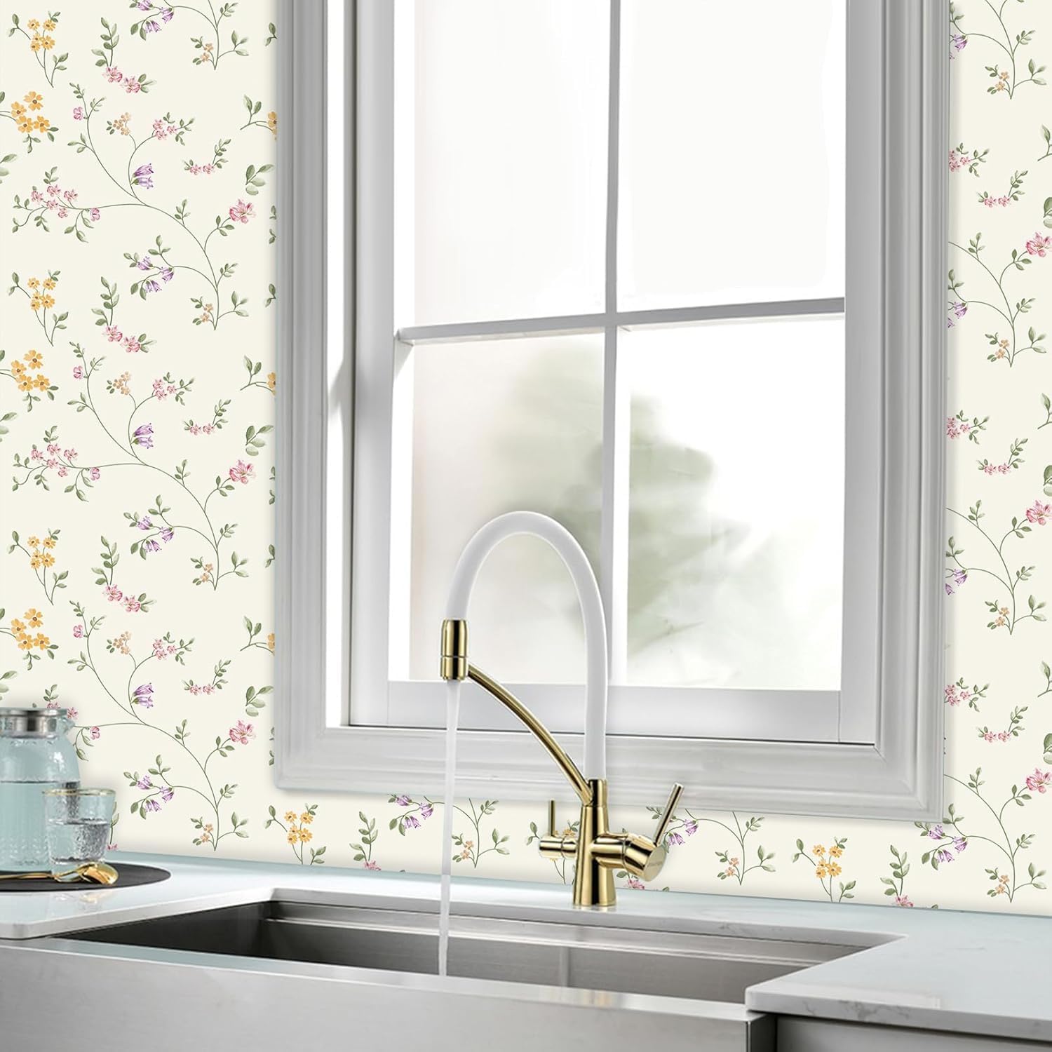 HLNIUC Multicolor Flower Wallpaper - Self Adhesive Floral Wallpaper for Girl Bedroom & Living Room (44 x 300 cm) - Wildfloral Waterproof Green Leaf Wall Paper image 5