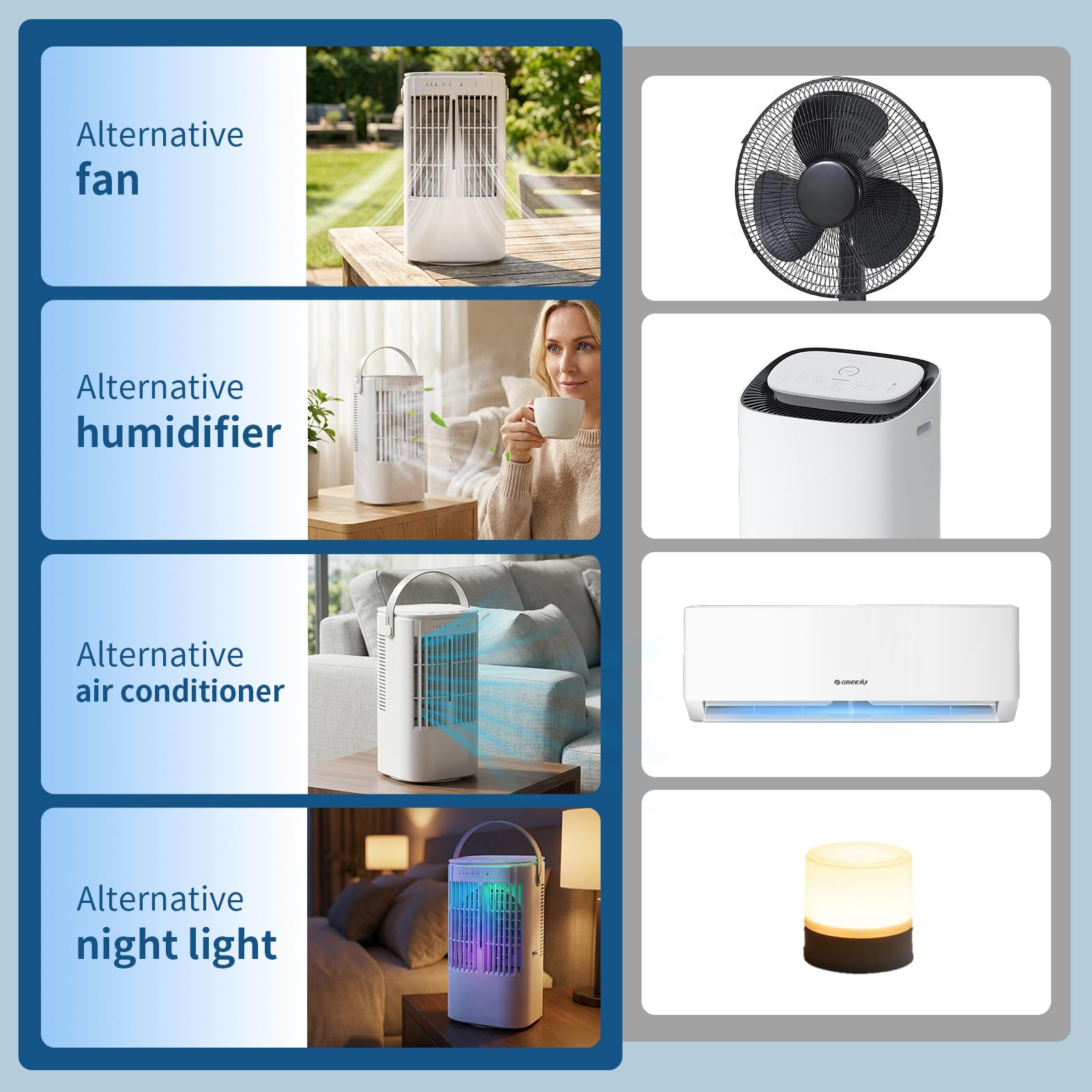 Climatiseur Mobile 4-en-1 1000ML, Rafraîchisseur d'Air Portatif Sans Évacuation, Ventilateur Brumisateur avec Oscillation 120°, Minuterie et LED 7 Couleurs, pour Bureau, Chambre, Camping