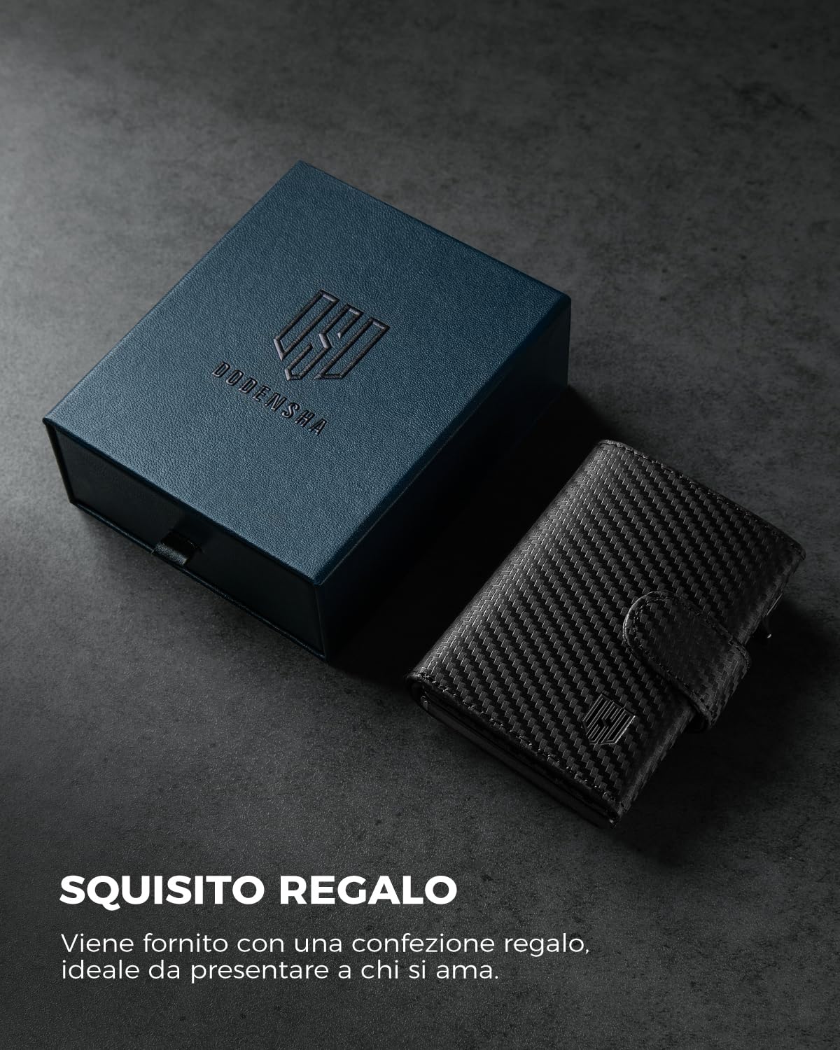 DODENSHA Portafoglio Uomo con Porta Carte di Credito e Portamonete | Slim RFID | Scomparto per Contanti | Custodia in Metallo per 8-10 Carte | Slot ID | Carbonio