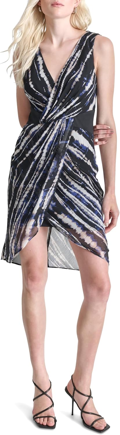 DKNY Women's Sleeveless Surplice Neck Mini Front Knot High Low Hem Dress