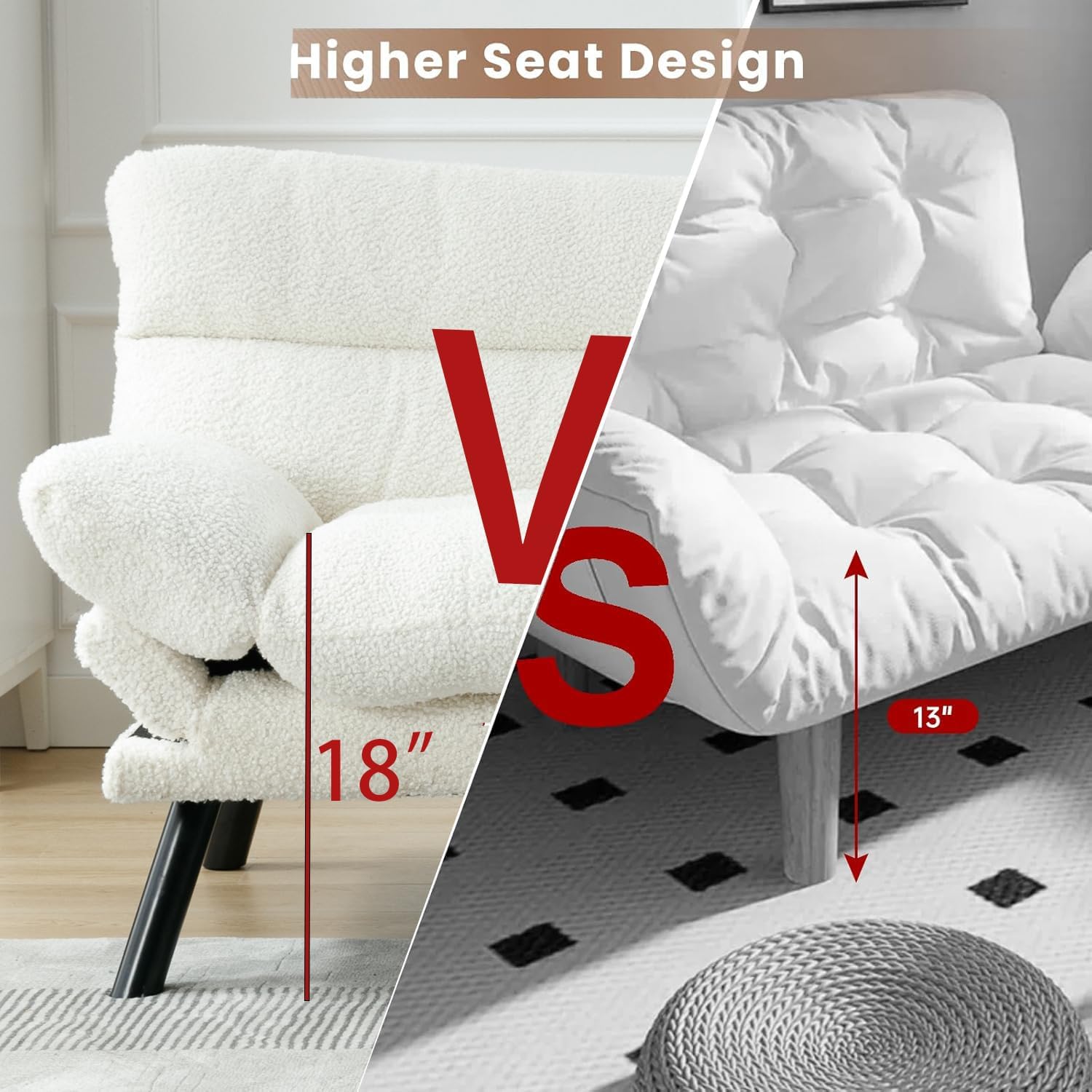 White Convertible Futon Sofa Bed, Memory Foam Foldable Couch, Teddy Loveseat Sleeper Daybed with Adjustable Armrests for Small Space, Bedroom, Office, Apartment, Living Room (White)