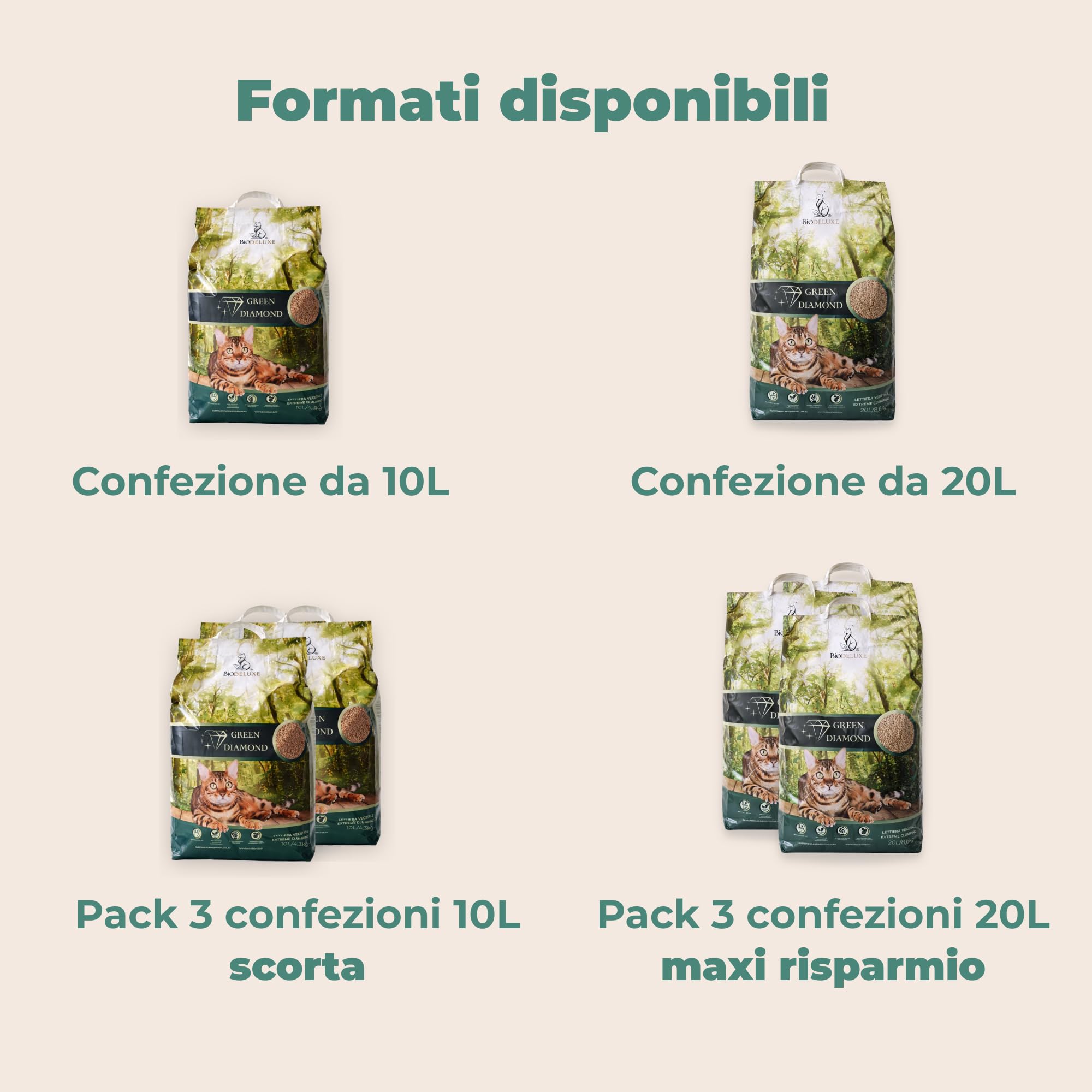 GREEN DIAMOND Lettiera Vegetale Agglomerante per Gatti, Biodegradabile e Compostabile (3X20L) - Disponibile in Formato 10L, 20L, Scorta 30L (3x10L) e Maxi Risparmio 60L (3x20L) (3, 20L)