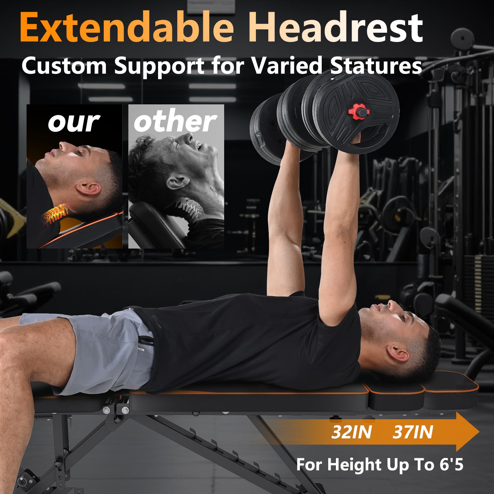 Dskeuzeew Banc de Musculation Pliable Réglable, 400KG Charge Max,Dossier 7 Positions Appui-tête Réglable, l'entraînement, pour Maison & Gym