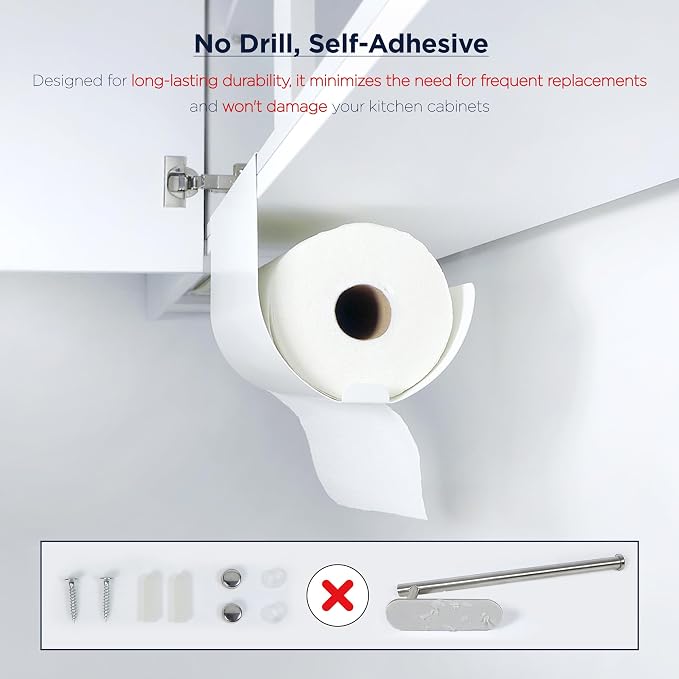 Paper Towel Holder – Under Cabinet Rack for Kitchen & Bathroom – One-Hand Tear, Space-Saving Design – Self-Adhesive, No Drill Mounting - Black