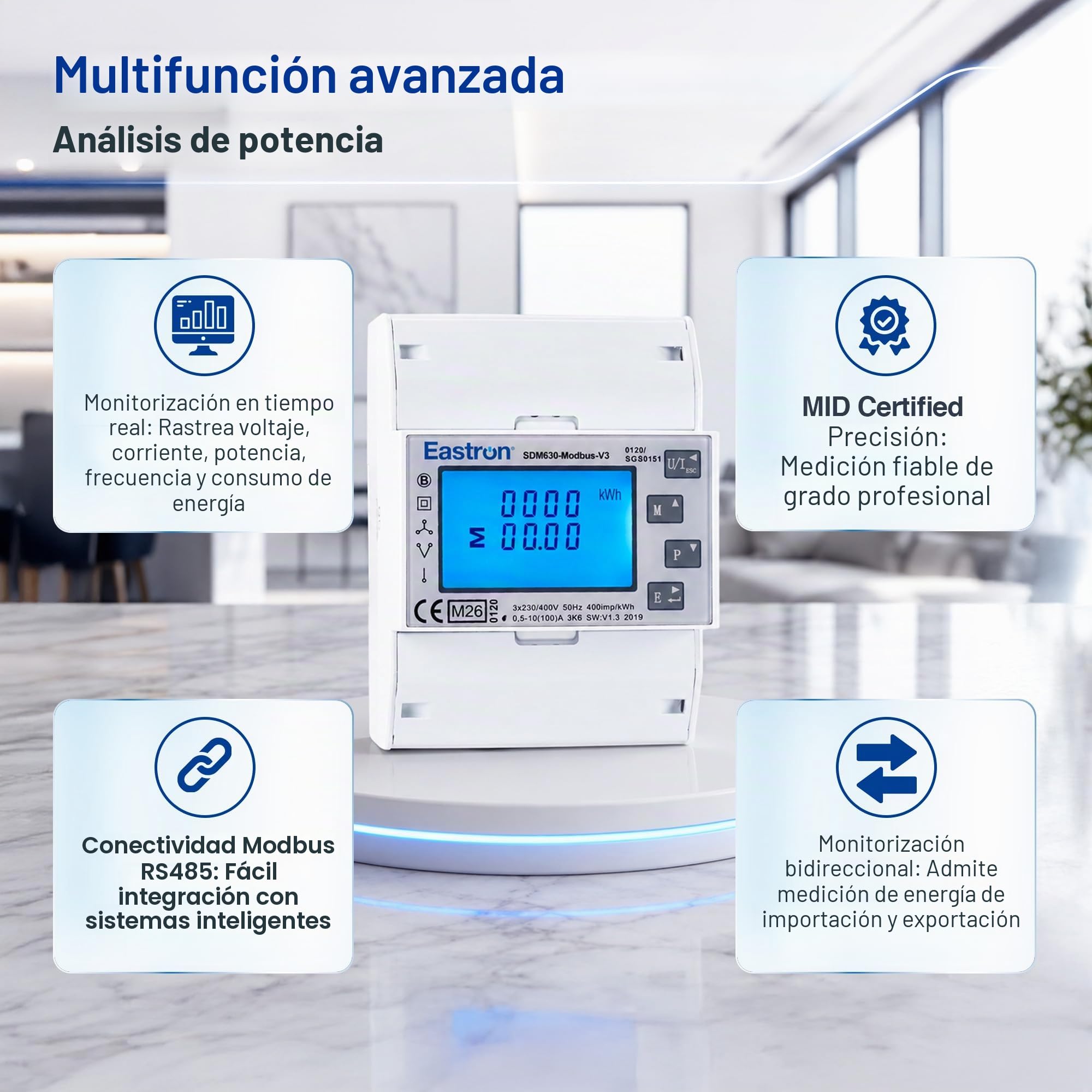 Eastron SDM630Modbus-V3 - Contador de corriente trifásico digital para carril de sombrero, multifuncional, bidireccional con 2 x S0, RS485 Modbus-RTU
