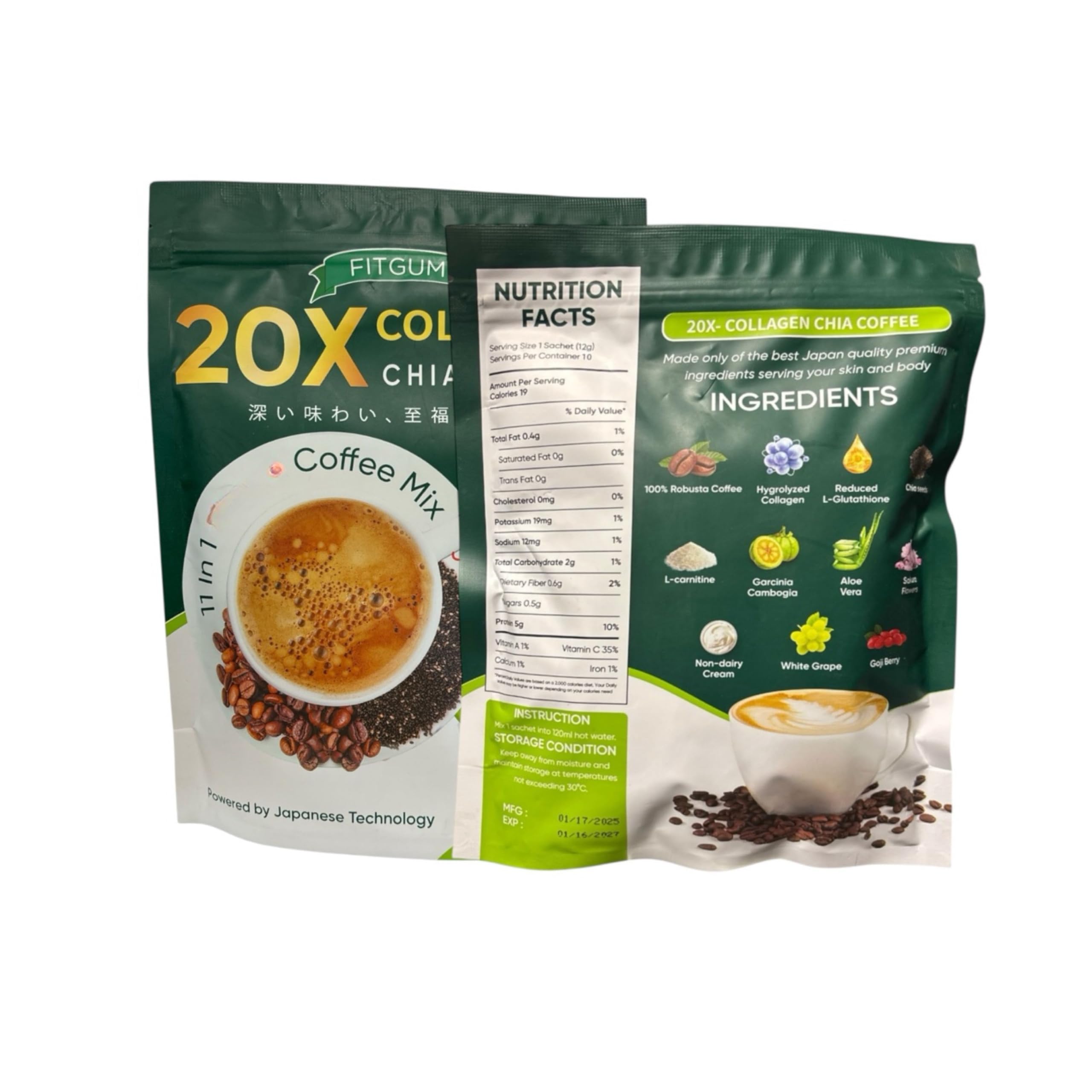 コーヒー SAKURA only/ 20X COLLAGEN COFFEE10pack FITGUM 20X Collagen Chia Coffee Mix – 10 Sachets – with Chia Seeds