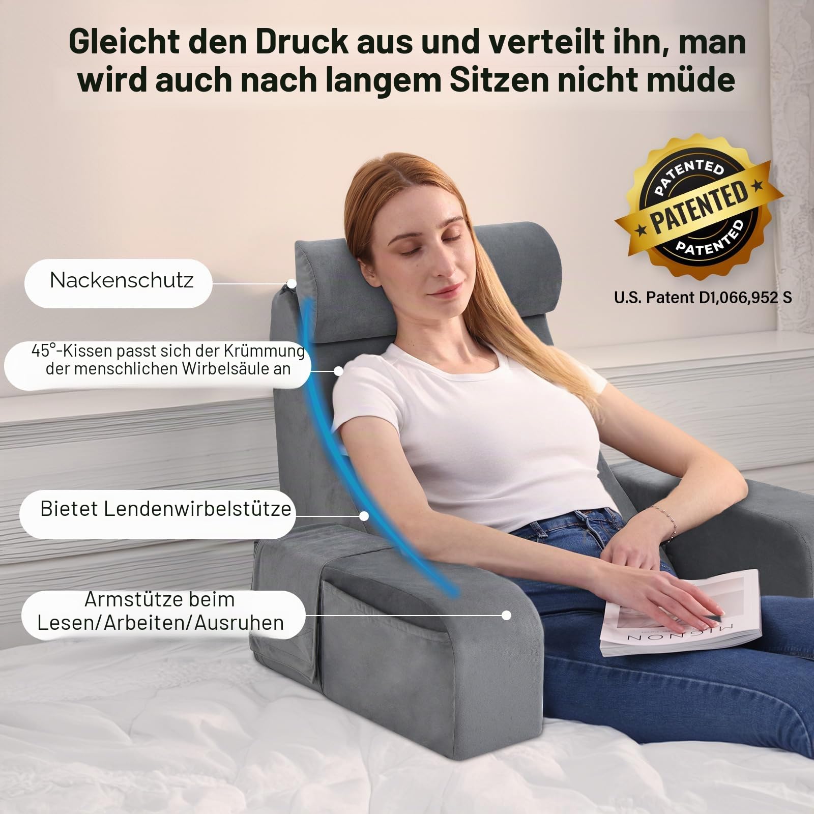 ENITYA 19" Lesekissen für Bett und Sofa, Lesekissen mit Rückenlehne für Erwachsene, Armlehnen, Großen Taschen, Ideal zum Entspannen, Fernsehen, Stillen, zur Erholung und zum Spielen, Grau