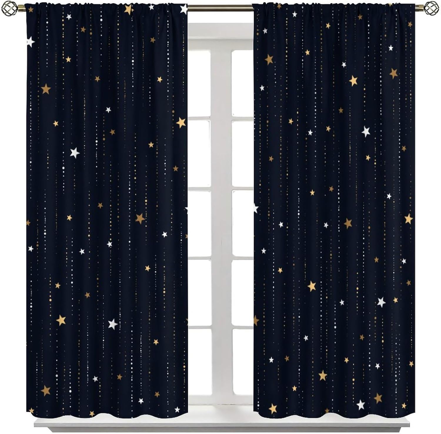Night Starry Sky Curtains, Golden Space Stars Fantasy Galaxy Universe Black Cosmic with Gold White Star Rain Print Window Curtains for Kids Bedroom Living Room 42x63in (No Blackout)