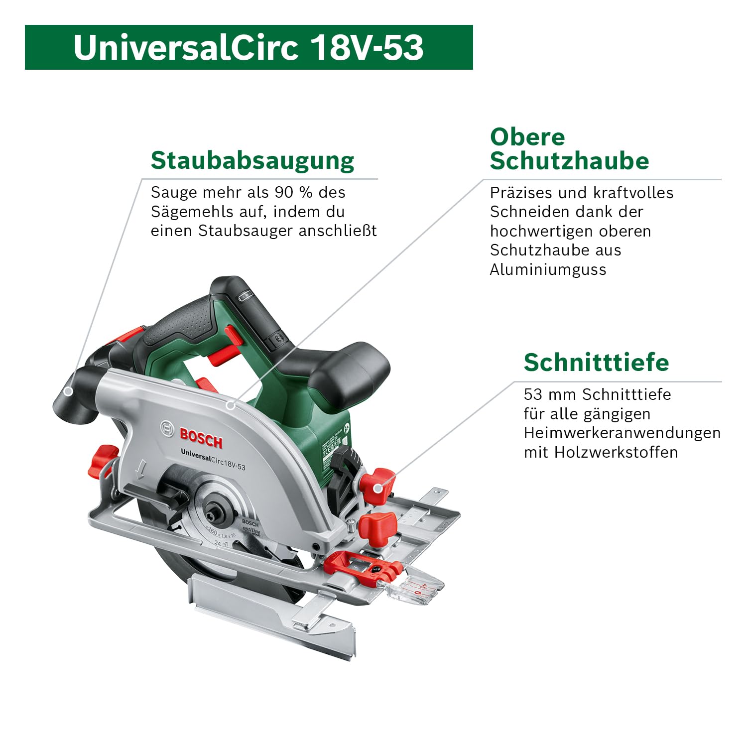 Bosch Akku-Kreissäge UniversalCirc 18V-53 (Präzises Sägen in jedem Holzmaterial; max. Schnitttiefe 53 mm; 2 tlg. Führungsschienenset; 18 Volt System; ohne Akku) – Amazon Edition