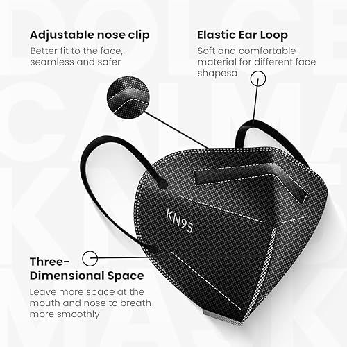 Miniatura 7 de Dolce Calma KN95 - Mascarilla facial negra y roja paquete de 10 mascarillas envueltas individualmente de 5 capas para hombres y mujeres transpirable