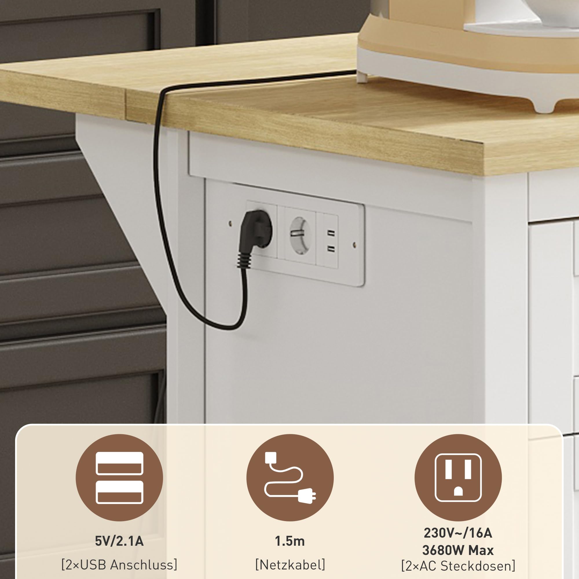 Îlot de Cuisine Mobile avec Tablette Escamotable, 5 Tiroirs et Prises Intégrées, Ilot Central Cuisine Meuble de Rangement Multifonction Blanc, 150x65x75 cm