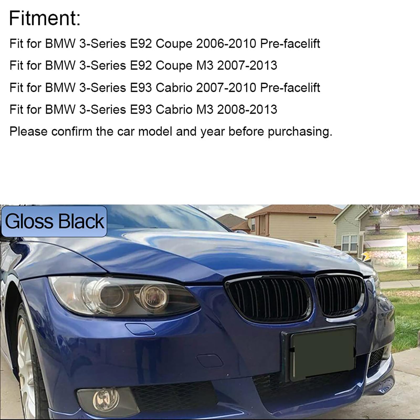 E92 E93 Griglia Anteriore per BMW Serie 3 Coupé E92 E93 M3 Paraurti Nera Lucido 2006 2007 2008 2009