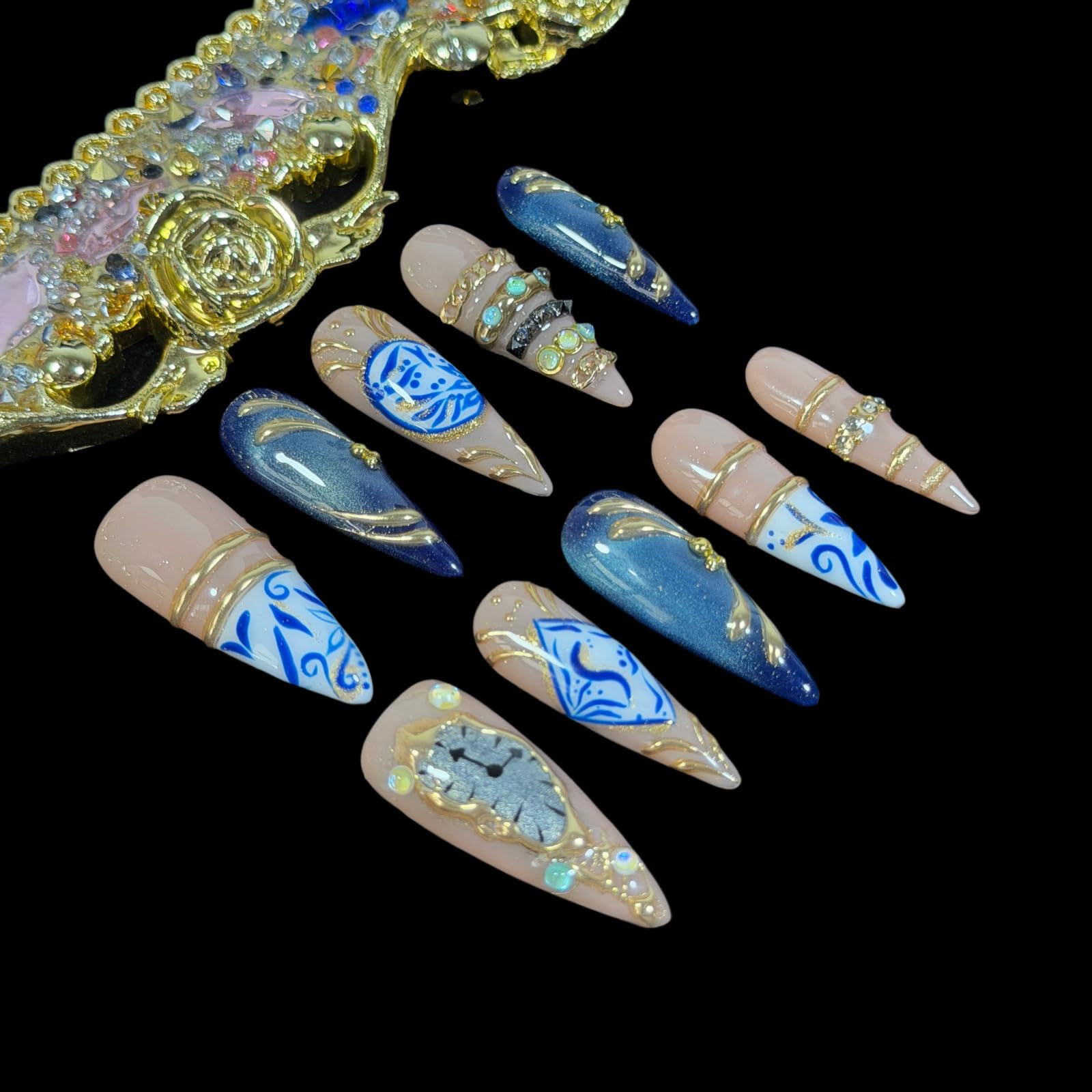 Anello per unghie fatto a mano, ispirato al blu navy (M)