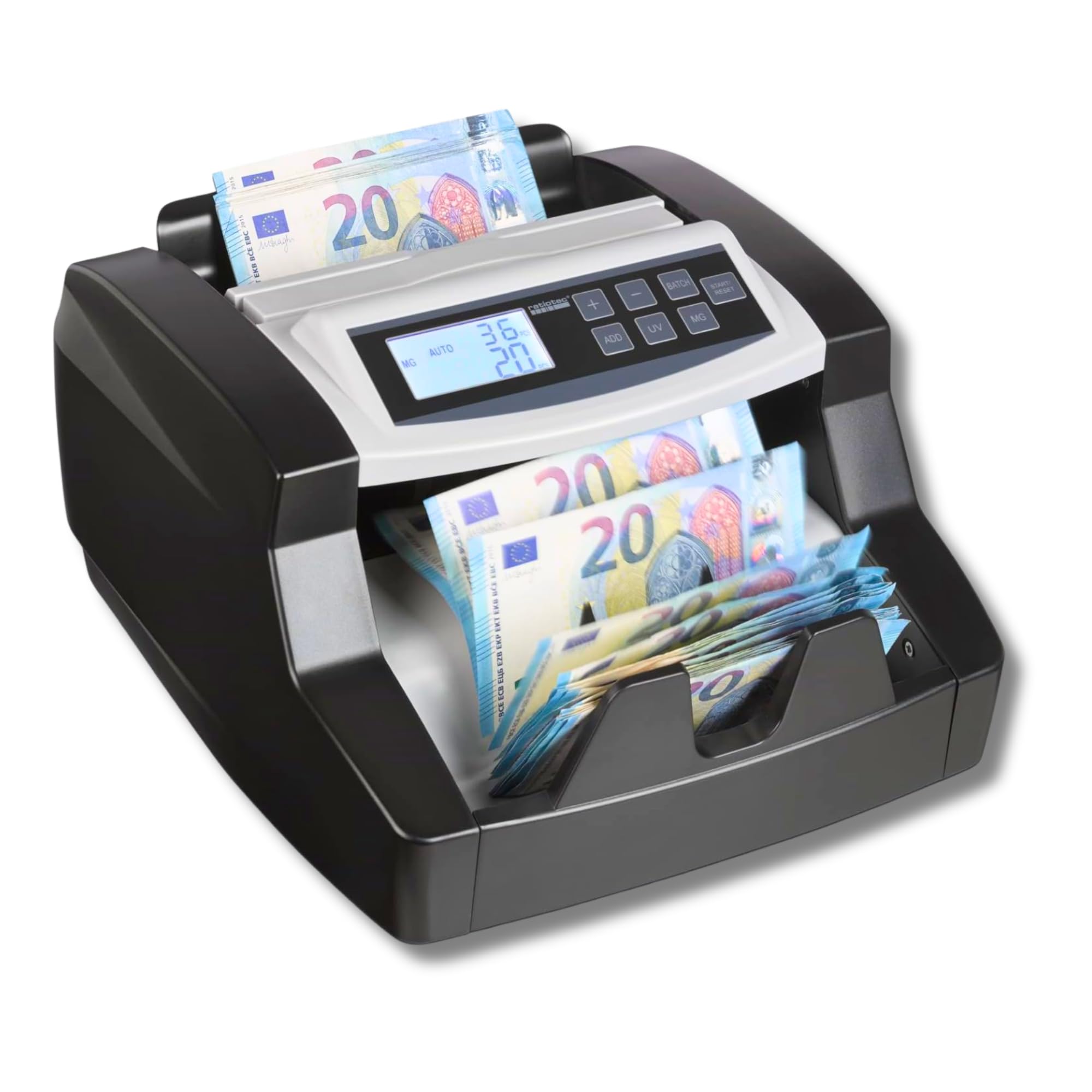 ratiotec rapidcount B 40 Geldzählmaschine für sortenreine Banknoten - Banknotenzähler mit UV IR MG SD Echtheitsprüfung, Additions- und Bündelfunktion, 1.000 Scheine/min, EUR Stückzähler