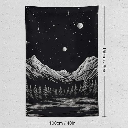 Miniatura 2 de BAHELS Tapiz estético de noche estrellada en blanco y negro, luna, estrellas, naturaleza, montaña, tapiz de tela, decoración de pared para