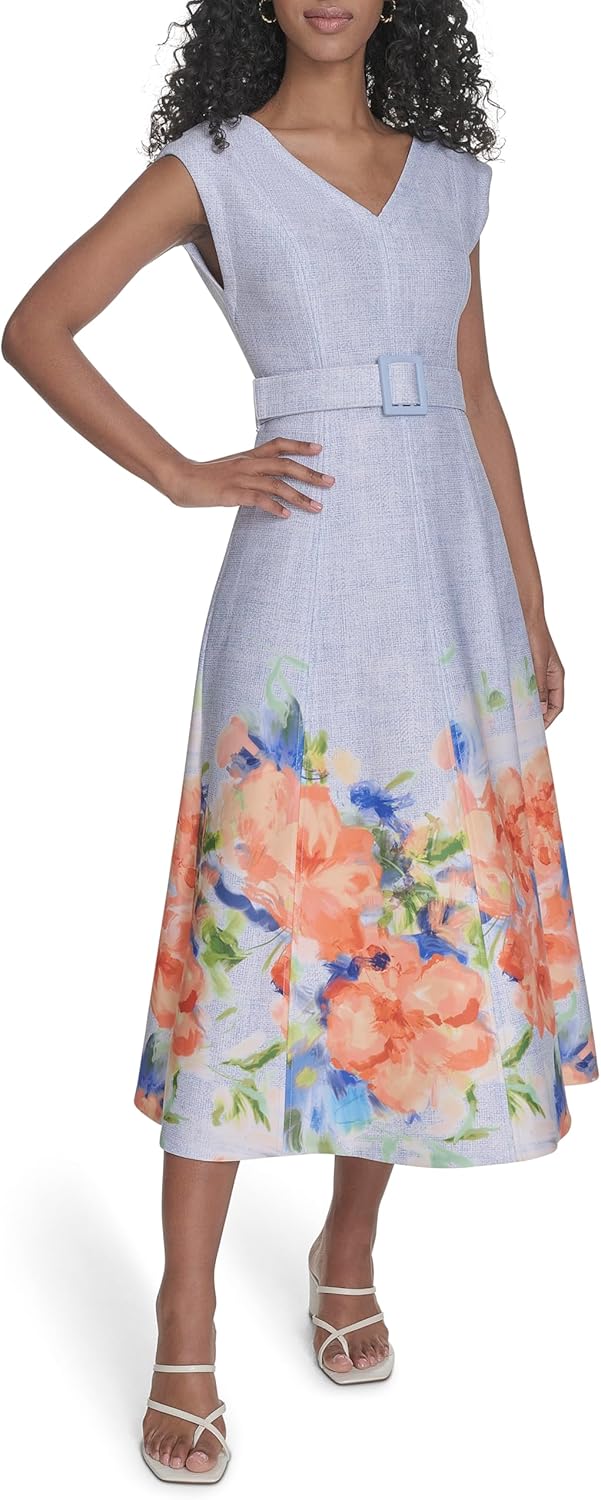 Calvin Klein Women's Sleeveless V-Neck Belted A-Line Midi Dress