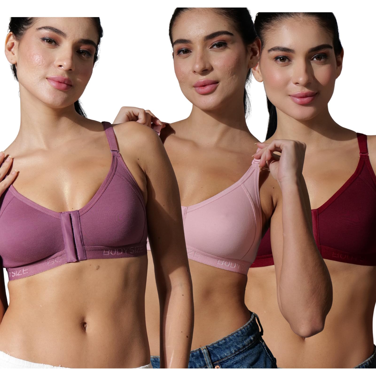 BODYSIZE Cotton Front Open Bra for Women Daily Use | Non-Padded, Non-Wired | Sweat Absorbent Seamless Bra | Full Coverage Regular Wear | Twin Hook Adjuster (Cup Size: B)