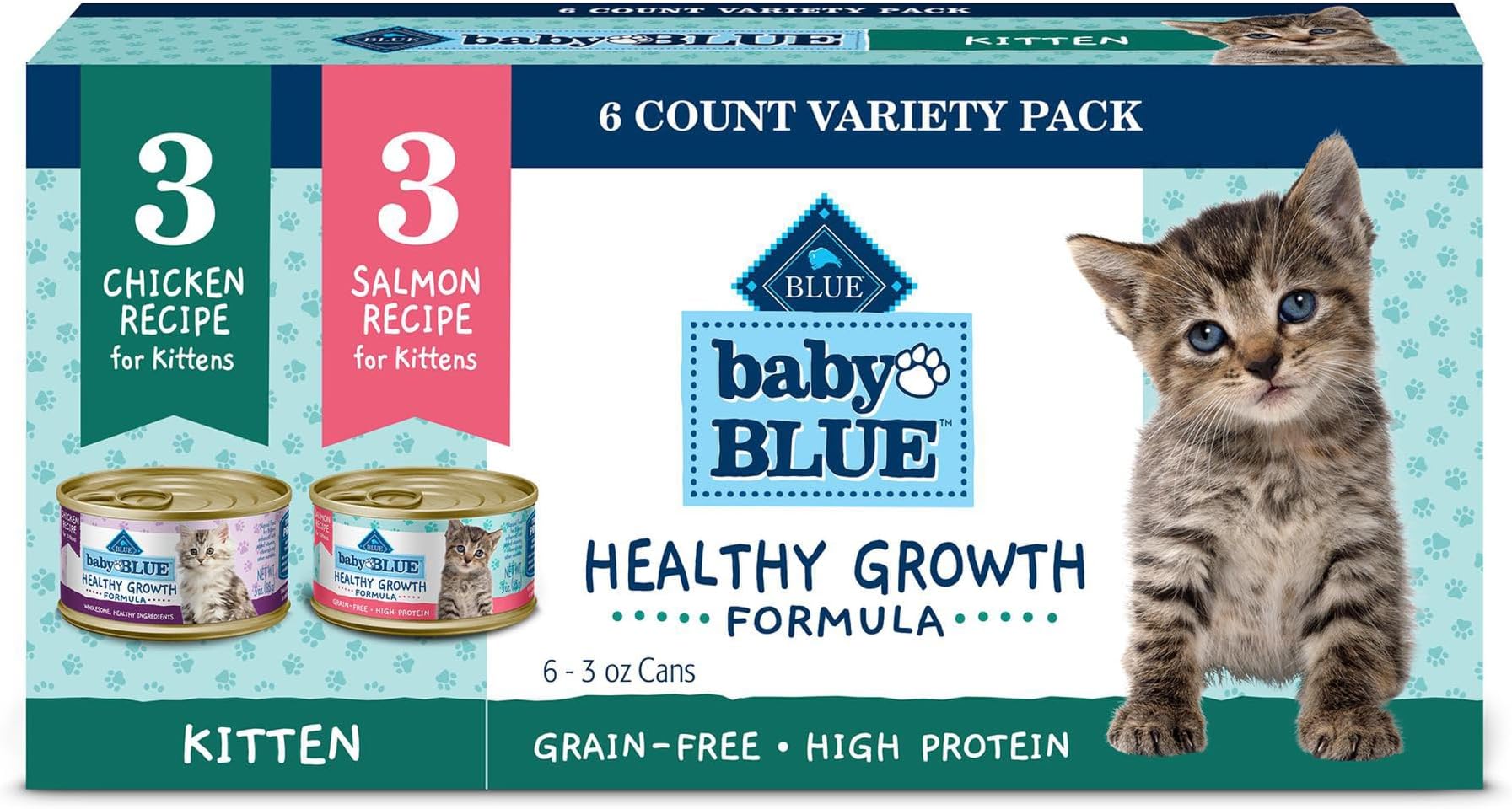 Baby Blue Healthy Growth Formula Grain Free High Protein, Natural Kitten Pate Wet Cat Food Variety Pack, Chicken, Salmon 3-oz (6 Count- 3 of Each Flavor)