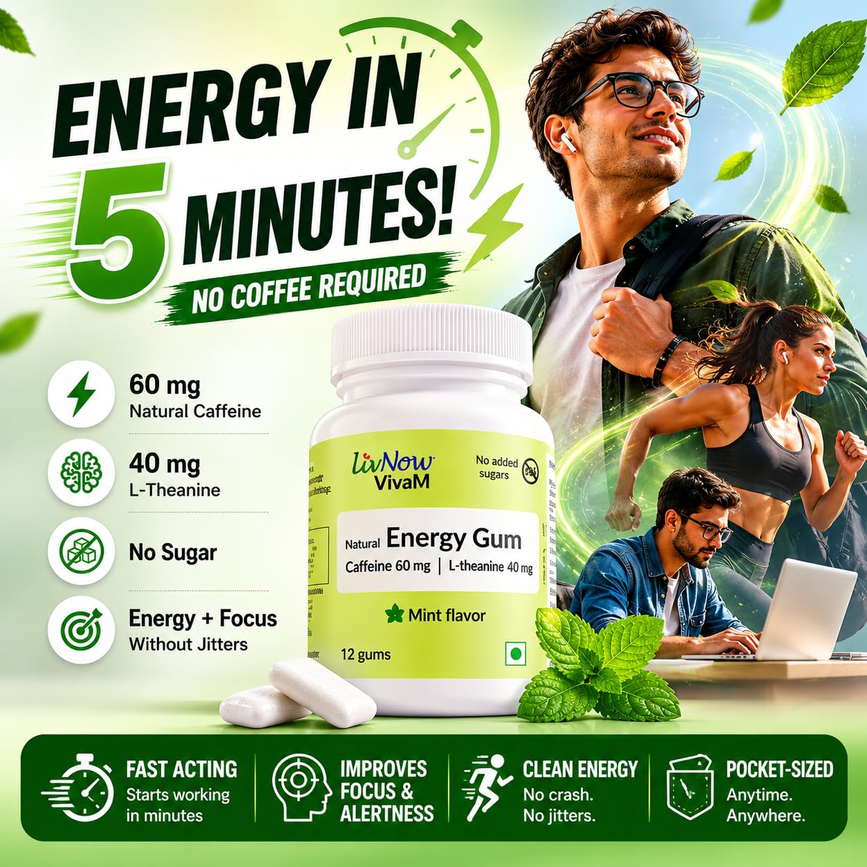 livNow Viva M | Caffeine and L-theanine Energy Chewing Gum | All Day Energy | Refreshing Mint Flavor | Box with 50 Gums in 25 Sachets — Amazon image 7