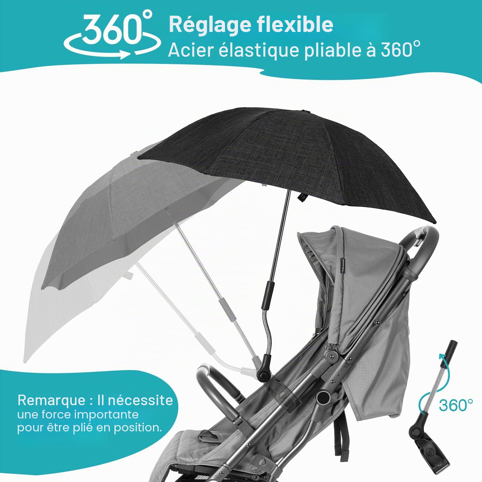 Ombrelle Poussette, Parasol Poussette Bébé Universelle, Protection UV 50+, Compatible avec la plupart des poussettes, Parapluie de Protection Solaire pour Landau avec Pince Réglable, Diamètre 71 cm