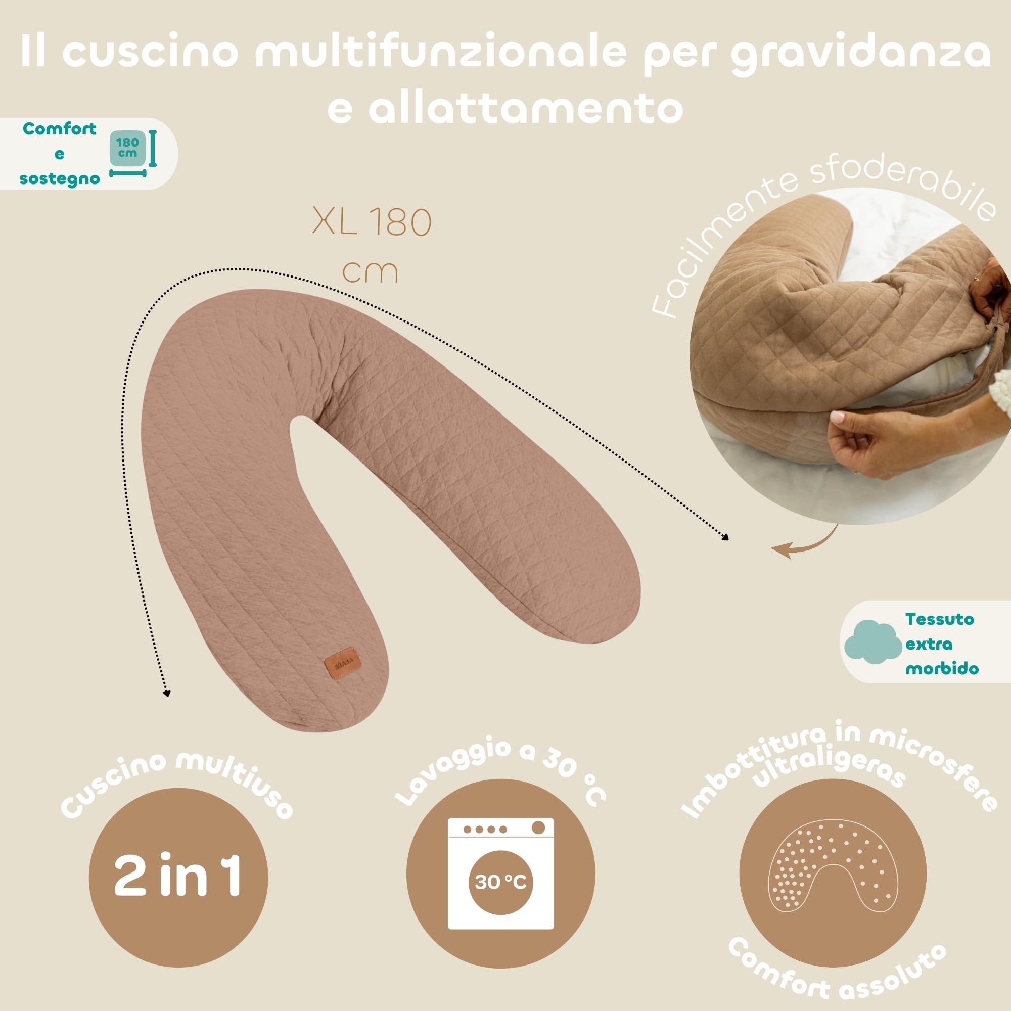 BÉABA Big Flopsy – Cuscino Allattamento e Gravidanza, Multifunzionale, Ideale per Dormire e Allattare, Supporto e Comfort Ottimale, Riposo Notturno, Tessuto Cotone Oeko-Tex – Cacao