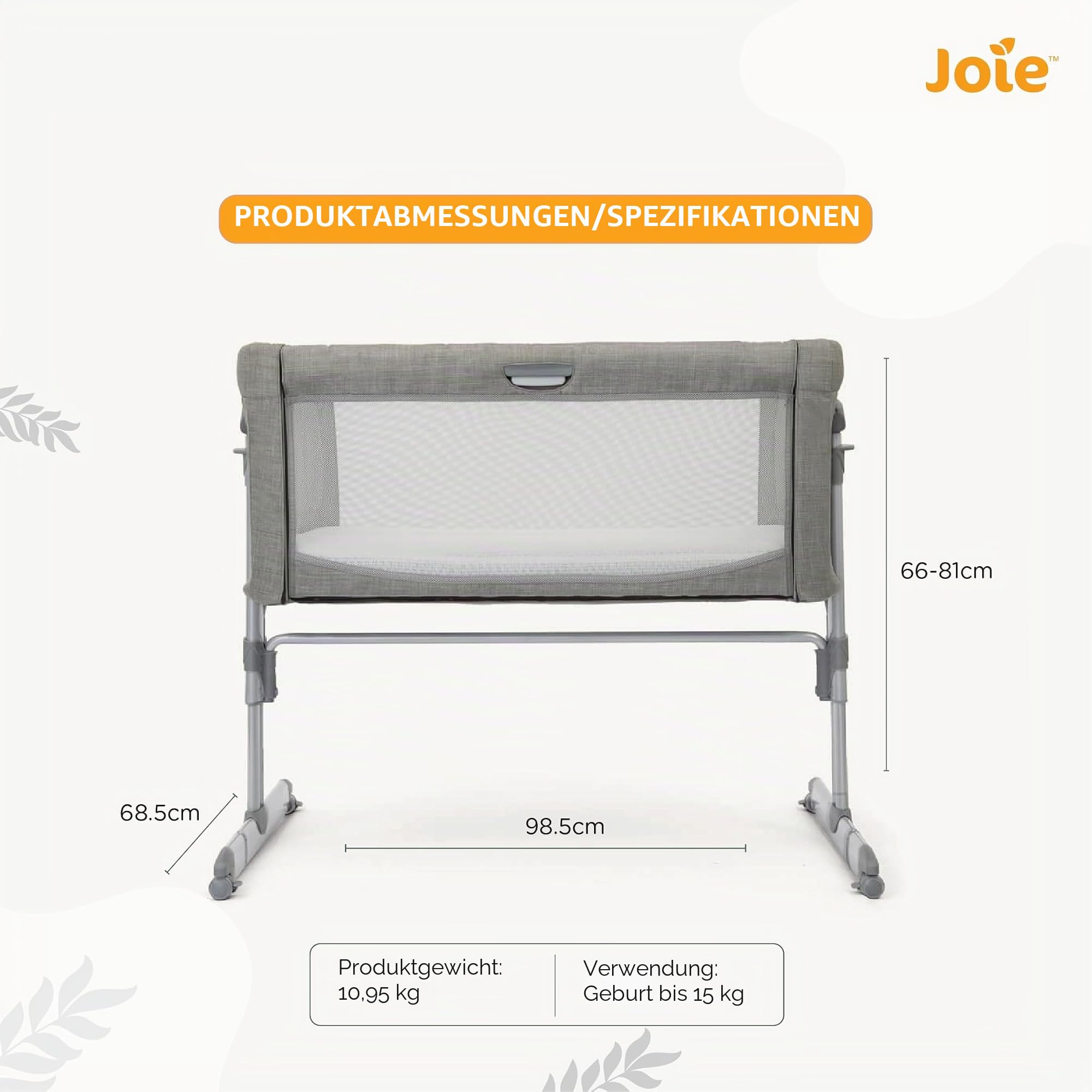 Joie roomie™ Glide Beistellbett, ab Geburt bis 6 Monate (0–9kg), Foggy Grey | Beistellbett und Wiege mit wiege funktion, Absenkbares Seitenteil, Neigung, höhenverstellbar und Tragetasche inklusive.