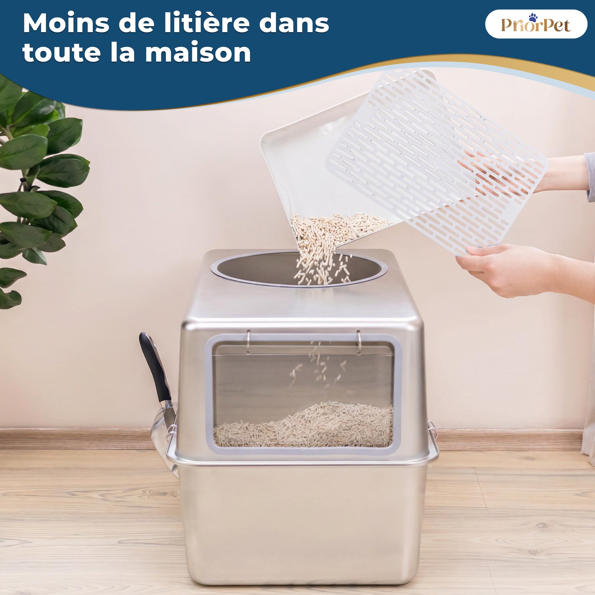 Litiere pour Chat INOX XXL – Bac litière pour Chat avec Porte Frontale & Entrée Supérieure – Grand Bac 60x41,5x40 cm – Facile à Nettoyer & Résistant aux Odeurs avec Marche Récupérateur