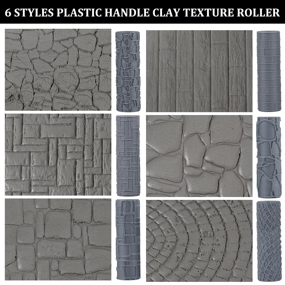 OLYCRAFT 6 Stück Textur Roller 6 Muster 3D gedruckte Miniatur Roller Set Ton TexturRoller RPG Zubehör Werkzeuge für Polymer Clay Modellierung Schlachtfeldmatte Miniaturen Tischplatte Töpferei