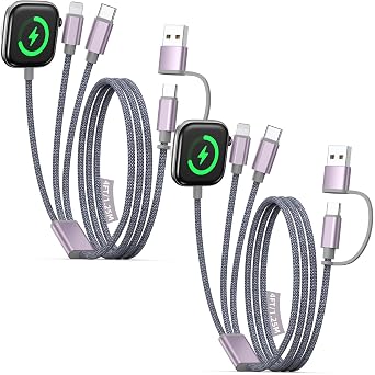Travel Essentials for Apple Watch Charger,iPhone Charger,3 in 2 Type C/L/Magnetic Fast Charging Cable,Multi Charging Cable Portable Designed for iWatch Series,iPhone 17-11,Galaxy S26-S21,Car-2PCS