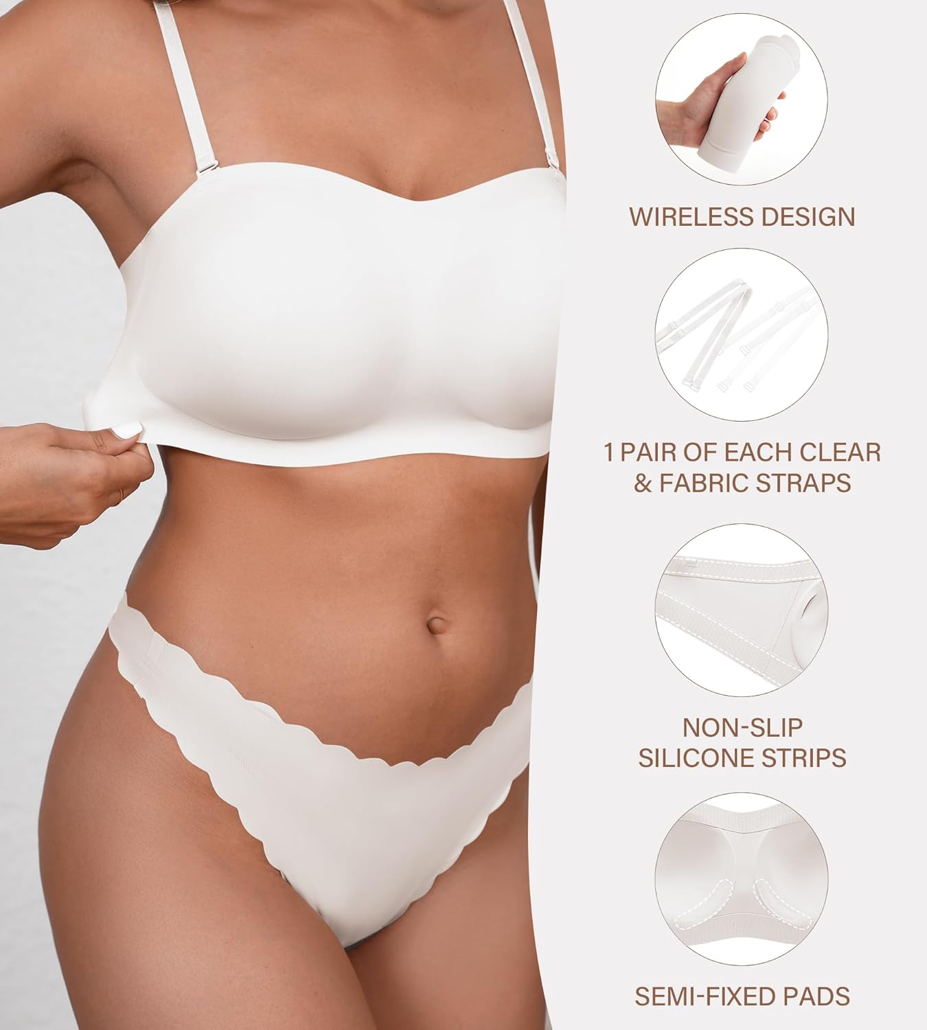 DEANGELMON Strapless Bras for Women Seamless Padded Bandeau Bra Non-Slip Silicone Tube Top Wireless Push Up Convertible Bralettes(White,XXL) - Image 4