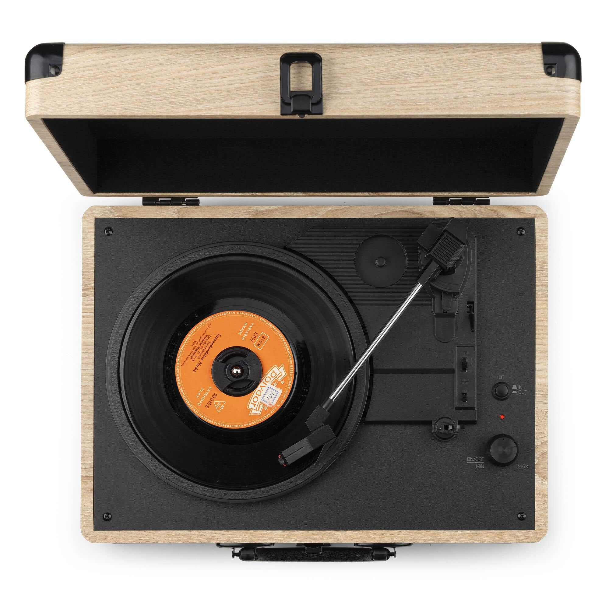 Audizio RP116LW - Giradischi in vinile con altoparlanti stereo integrati, ingresso e uscita Bluetooth, convertitore USB da vinile a MP3, tre velocità, design compatto e portatile, legno chiaro