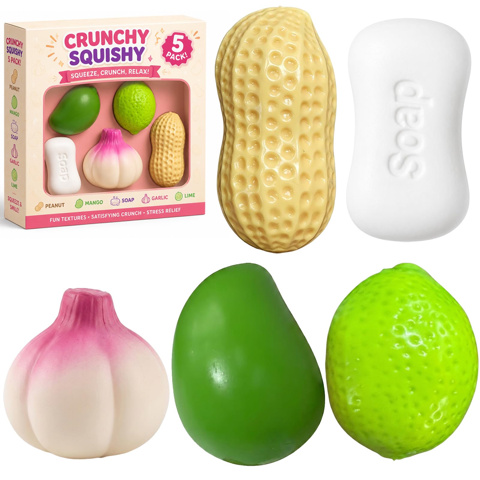 5 Pack Crunchy Squishy Peanut Mango Soap Lime Stress Ball for Adults,Set A - Set A