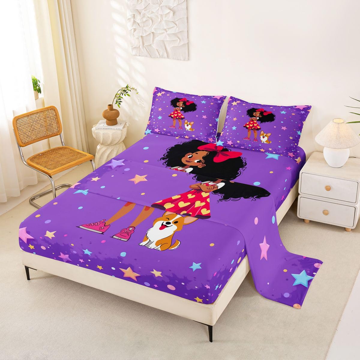 Homewish Kreskówka czarne dziewczęce prześcieradła podwójne koloful gwiazdy nadruk zestaw pościeli śliczne kropki zestaw pościeli - Kawaii łuk pies dopasowane płaskie prześcieradła 4 sztuki