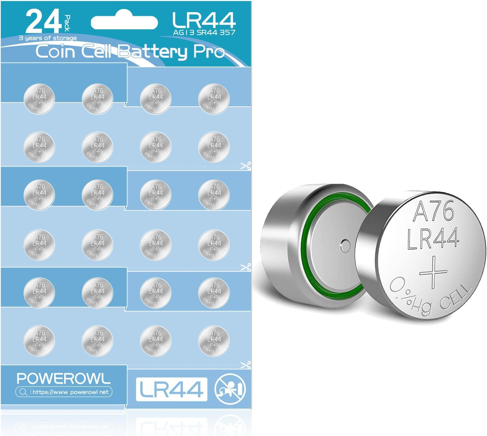 POWEROWL - LR44 Batteries (24 Pack) - High Capacity AG13 357 303 SR44 A76 Battery 1.5V Button Coin Cell Battery