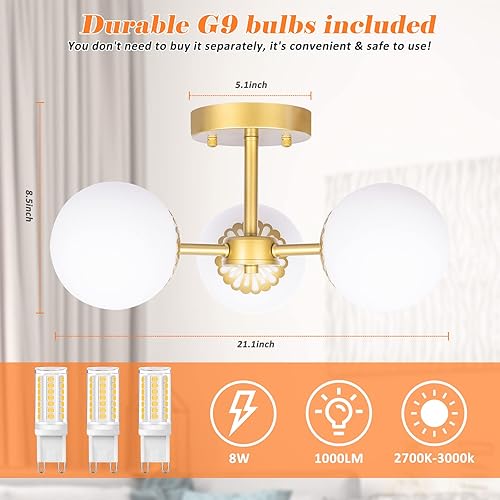 Miniatura 3 de Lámpara de techo de latón semiempotrada moderna de mediados de siglo, candelabro dorado de vidrio esmerilado de 3 luces, lámpara de techo colgante