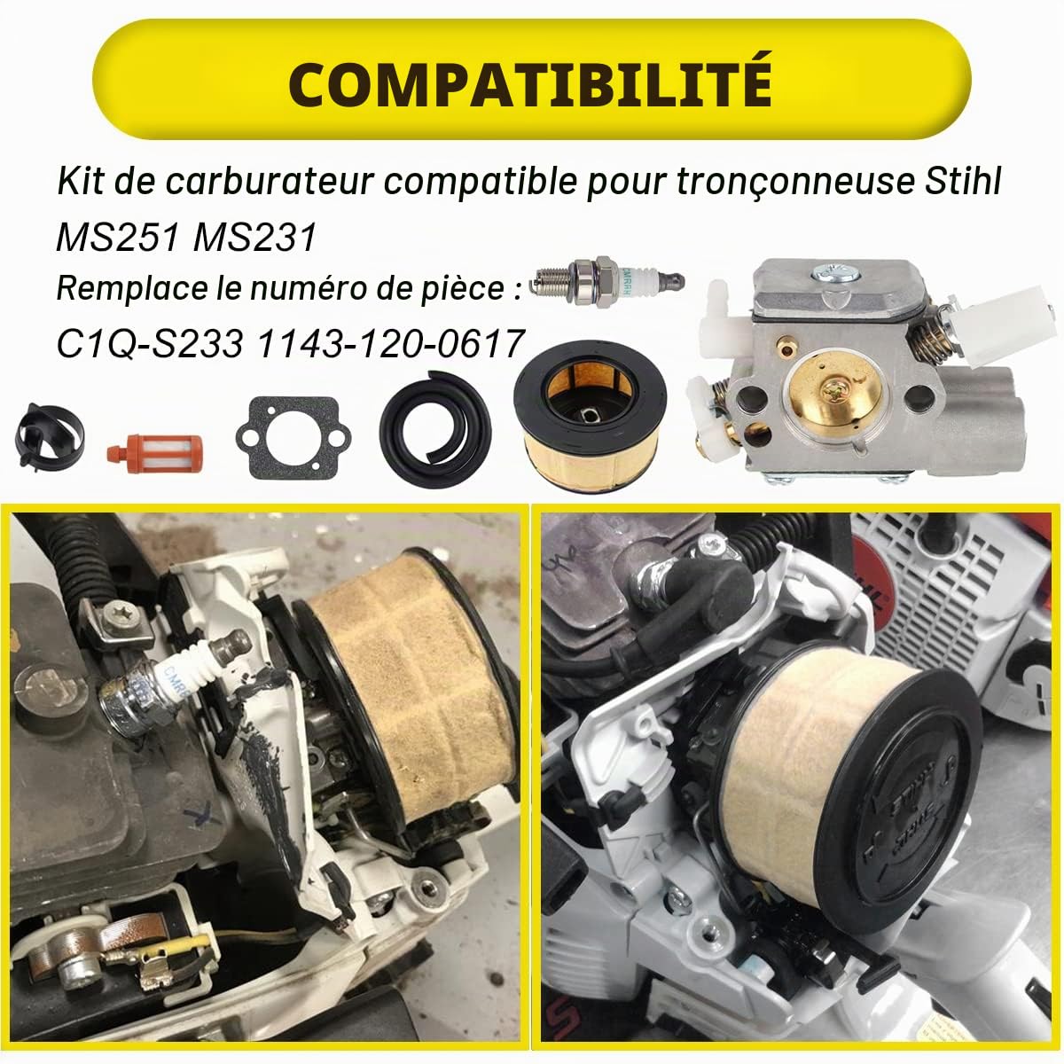 ZAMDOE Carburateur Compatible pour Stihl MS251 MS231 MS 251 MS231 Tronçonneuse avec Filtre à air Bougie d'allumage Filtre à Carburant Filtre à Huile Kit d'entretien C1Q-S233 1143-120-0617