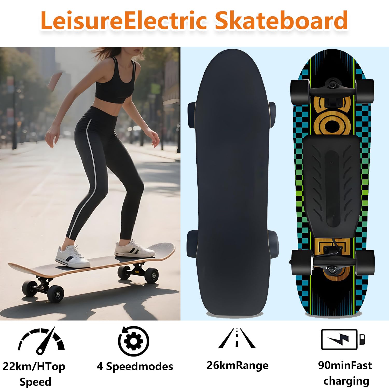Skateboard électrique avec télécommande, charge maximale 150 kg, portée max 26 km, vitesse maximale 22 km/h, idéal pour adultes et adolescents, parfait pour les débutants