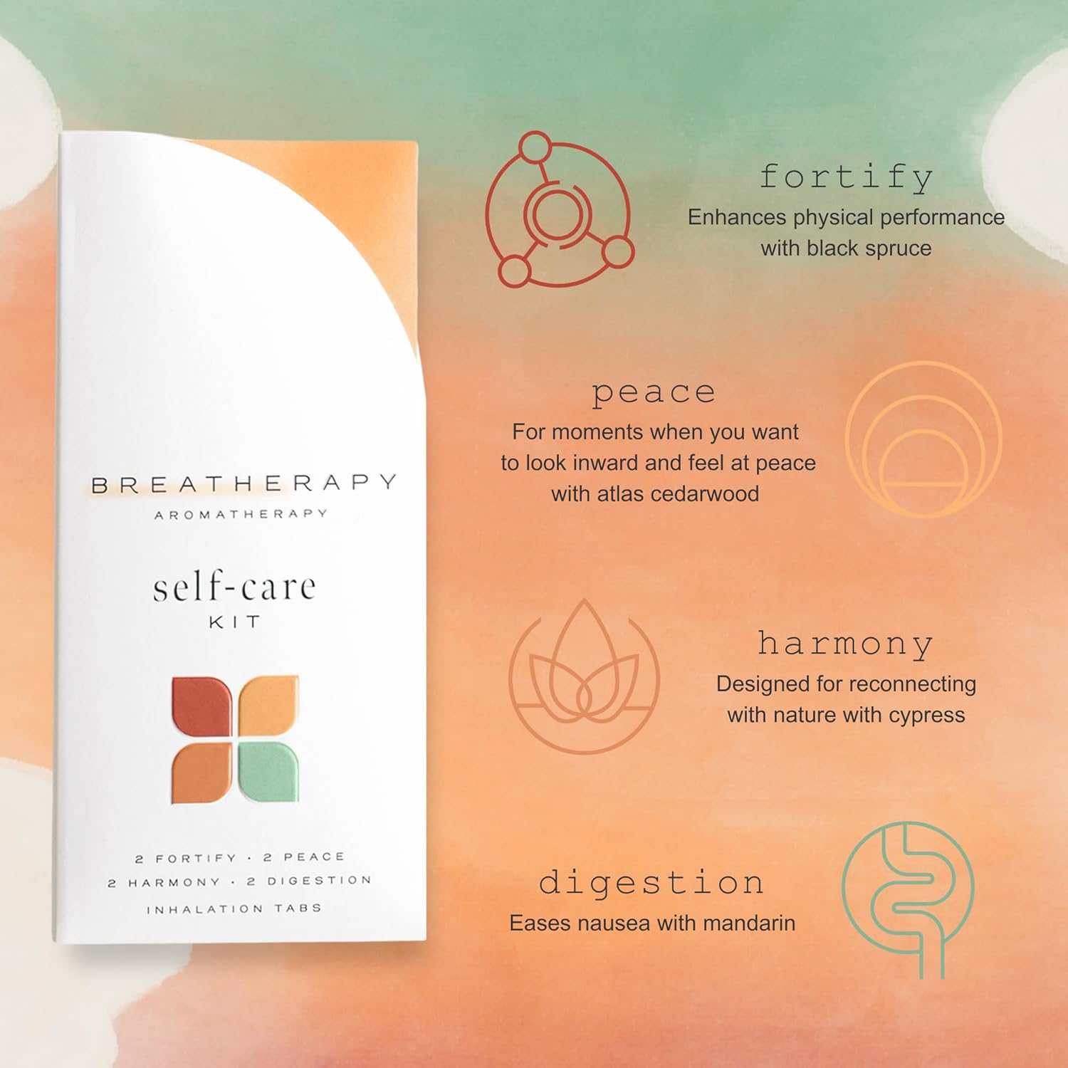 Self-Care Kit | Pure Essential Oil Aromatherapy Inhalation Tabs | Digestion, Peace, Fortify and Harmony Patches | 8-Pack