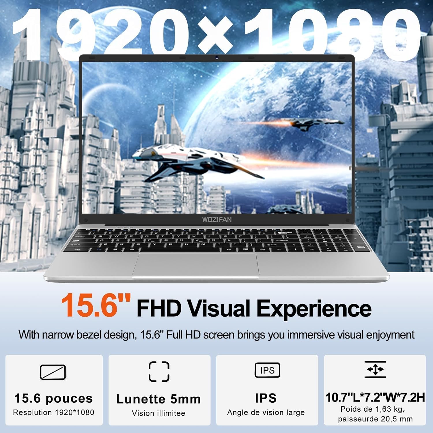 Ordinateur PC portable 15.6 pouces 6+128Go Win11 Celeron N4020 Support 1 To SSD Expansion 2.4G+5G WiFi Bluetooth 4.2 USB HDMI 1920 x 1080 FHD avec souris sans fil & Membrane de clavier AZERTY - Argent